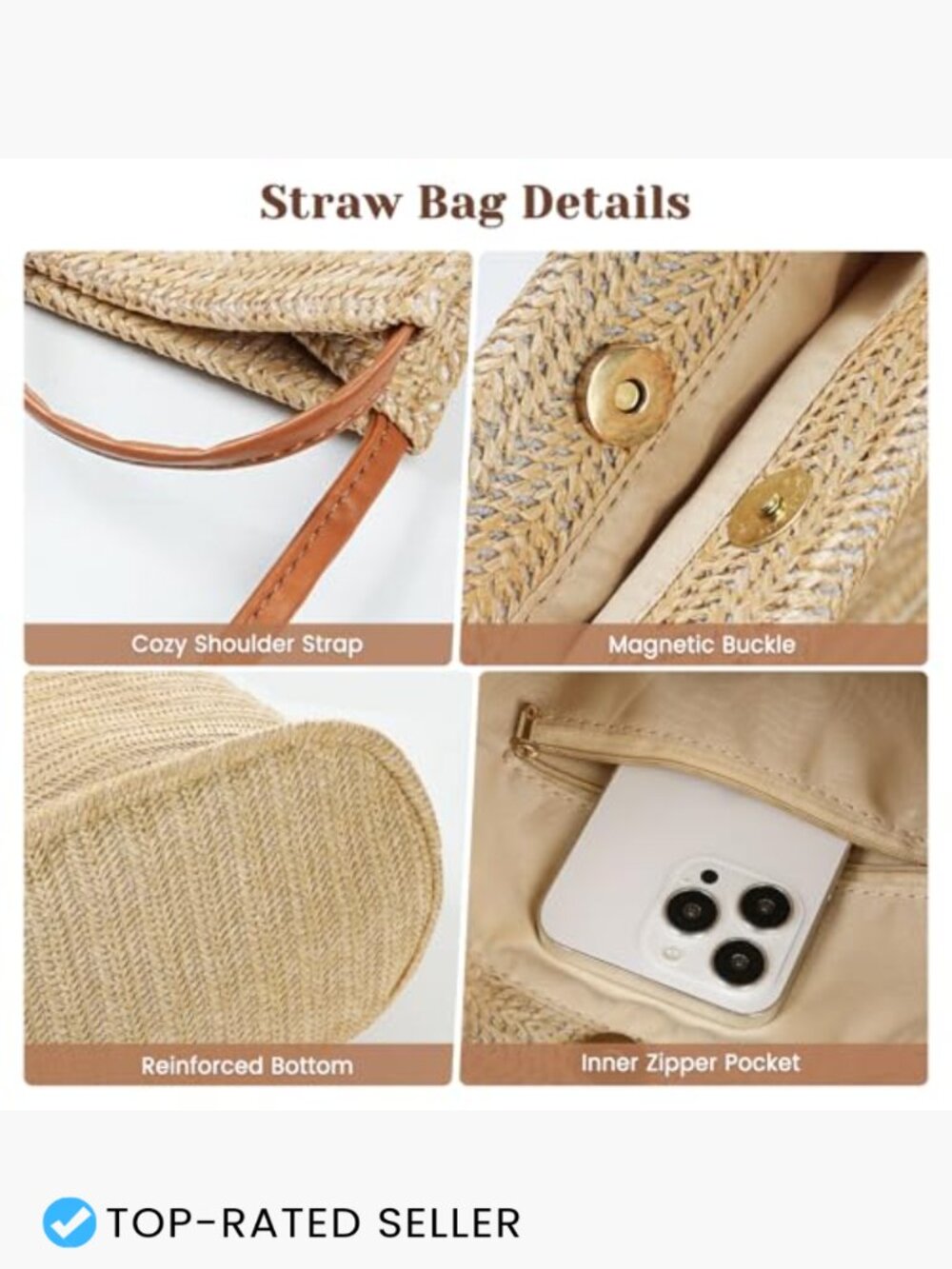 Straw Beach Tote Bag Women Summer Bucket Handbag Casual Shoulder Hobo Purse - Picture 2 of 5